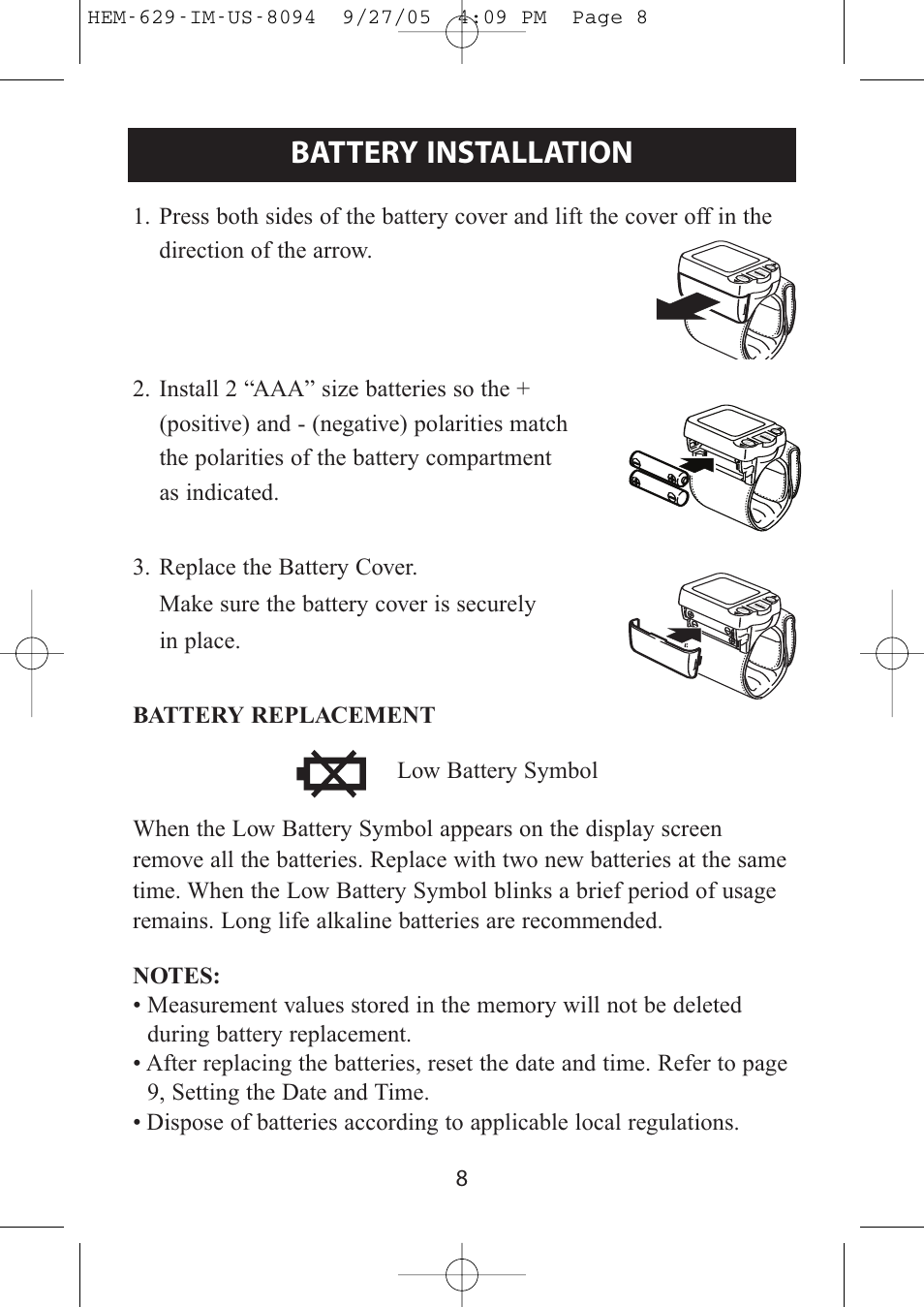 Battery installation, 8low battery symbol | Omron Healthcare HEM-629 User Manual | Page 8 / 48