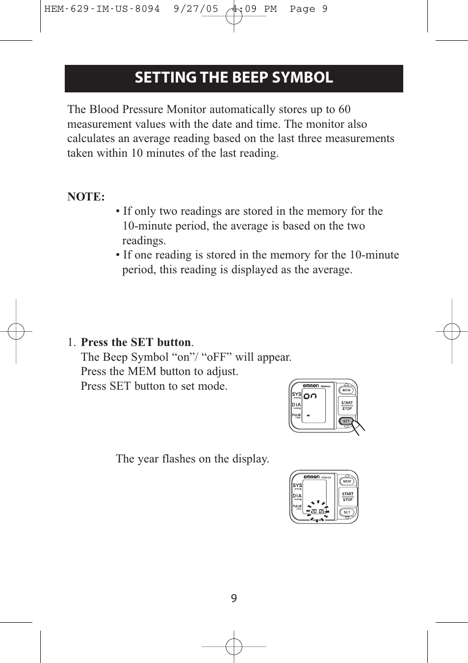 Setting the beep symbol | Omron Healthcare HEM-629 User Manual | Page 9 / 48