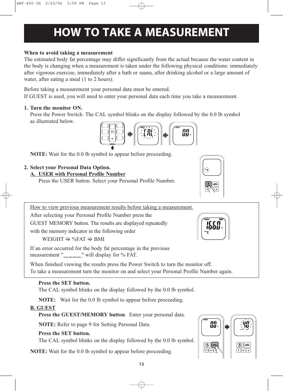 How to take a measurement | Omron Healthcare HBF-400 User Manual | Page 13 / 24