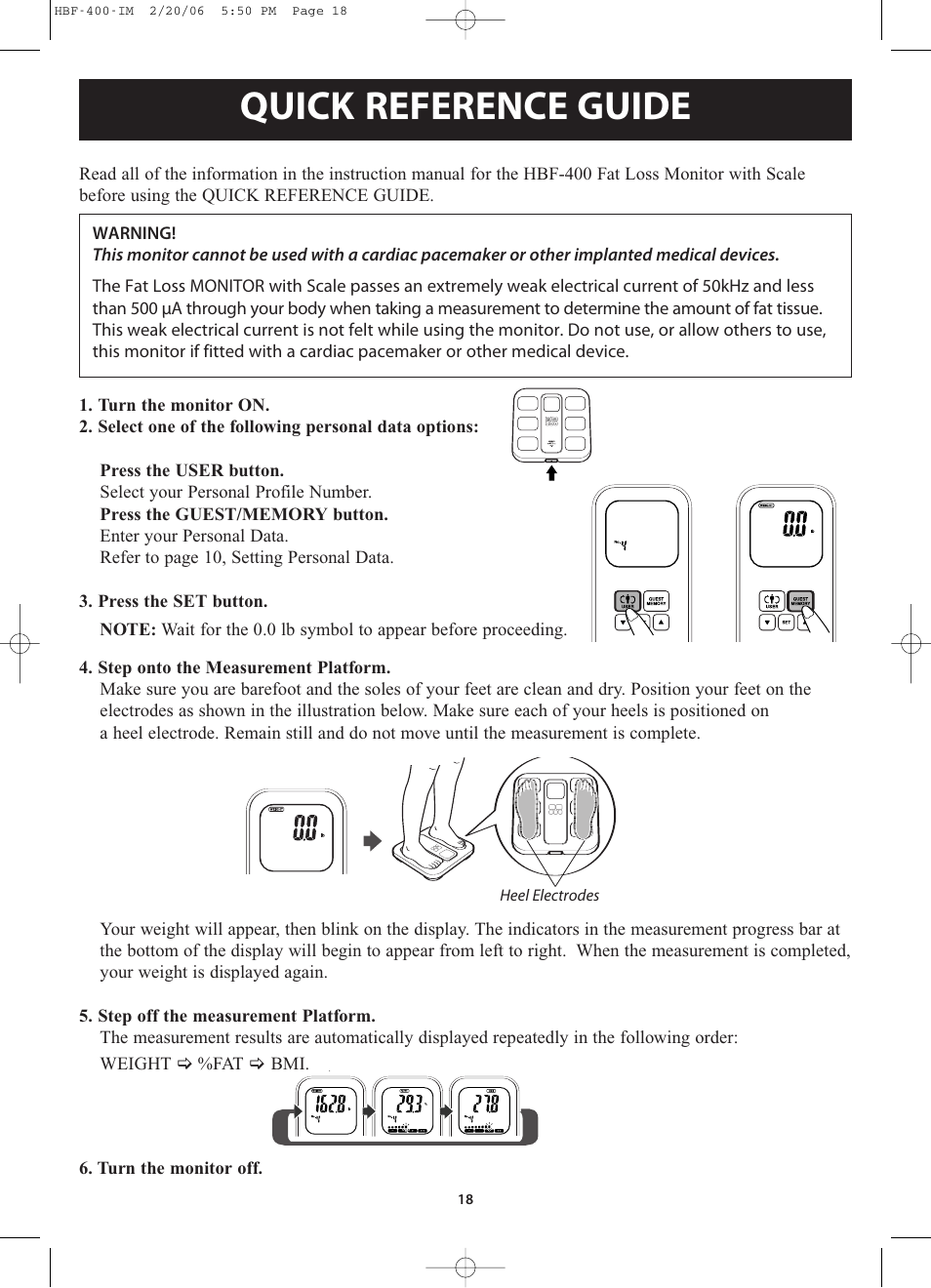 Quick reference guide | Omron Healthcare HBF-400 User Manual | Page 18 / 24