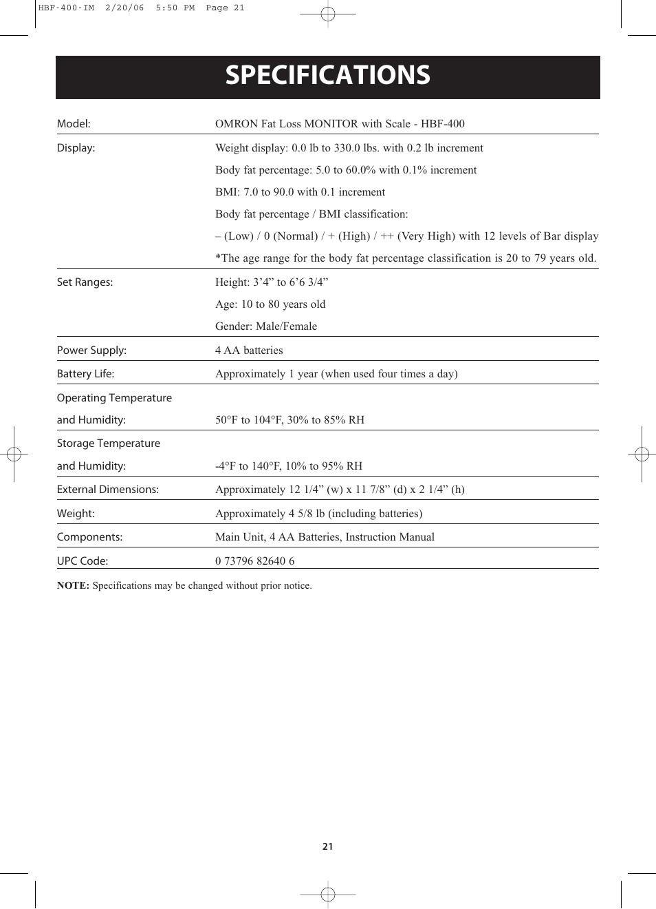 Specifications | Omron Healthcare HBF-400 User Manual | Page 21 / 24