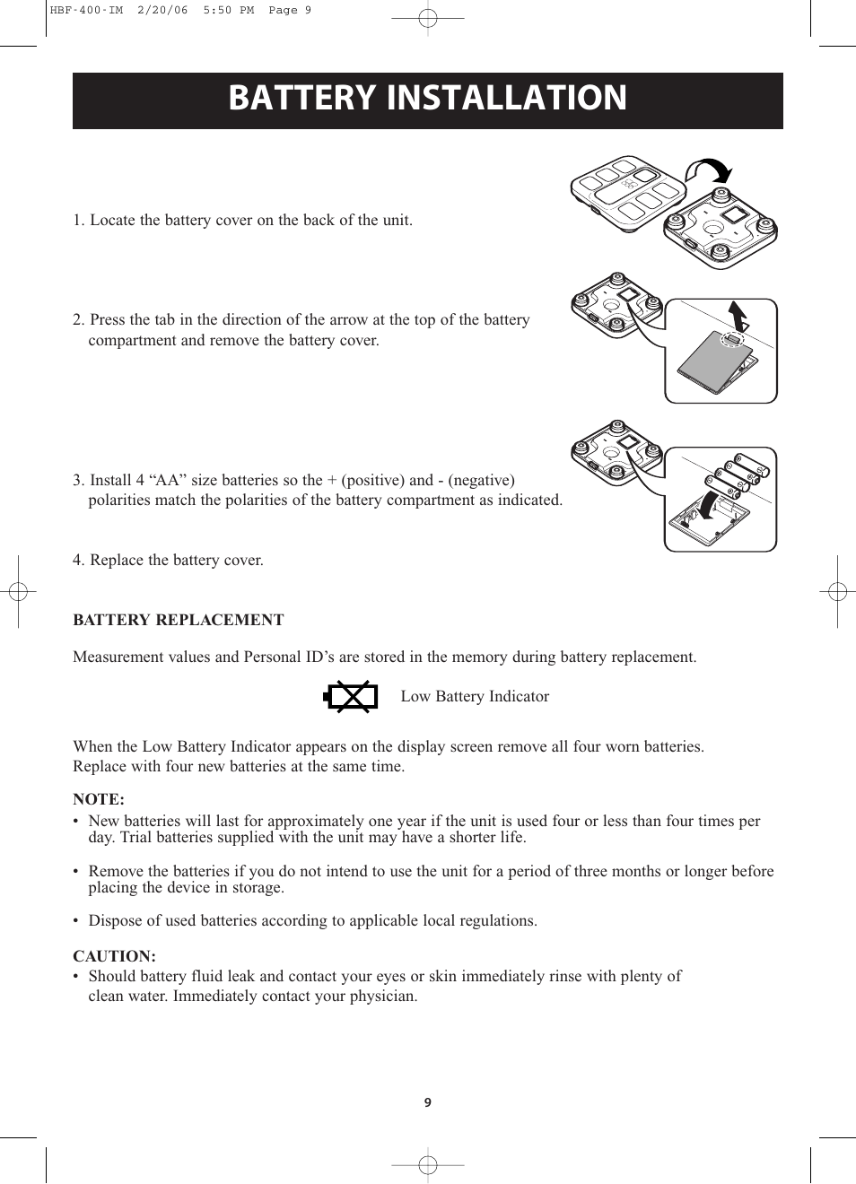 Battery installation | Omron Healthcare HBF-400 User Manual | Page 9 / 24