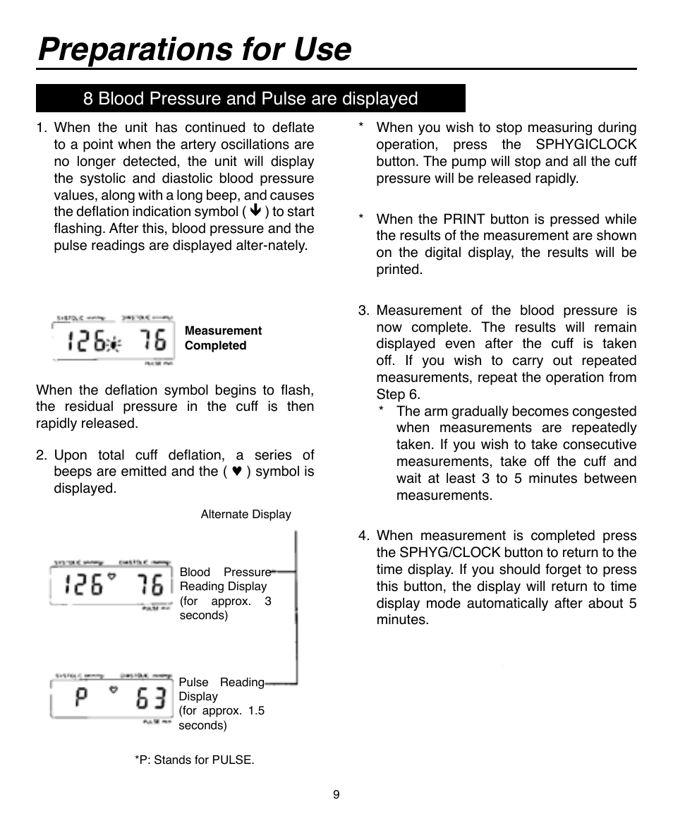 Preparations for use, 8 blood pressure and pulse are displayed | Omron Healthcare AUTOMATIC DIGITAL BLOOD PRESSURE MONITOR HEM-703CP User Manual | Page 10 / 14