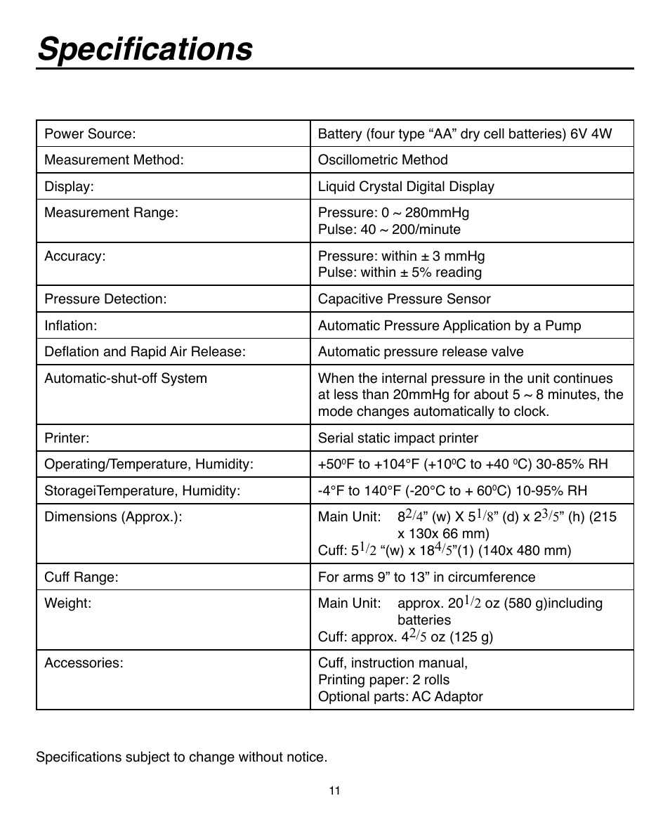 Specifications | Omron Healthcare AUTOMATIC DIGITAL BLOOD PRESSURE MONITOR HEM-703CP User Manual | Page 12 / 14