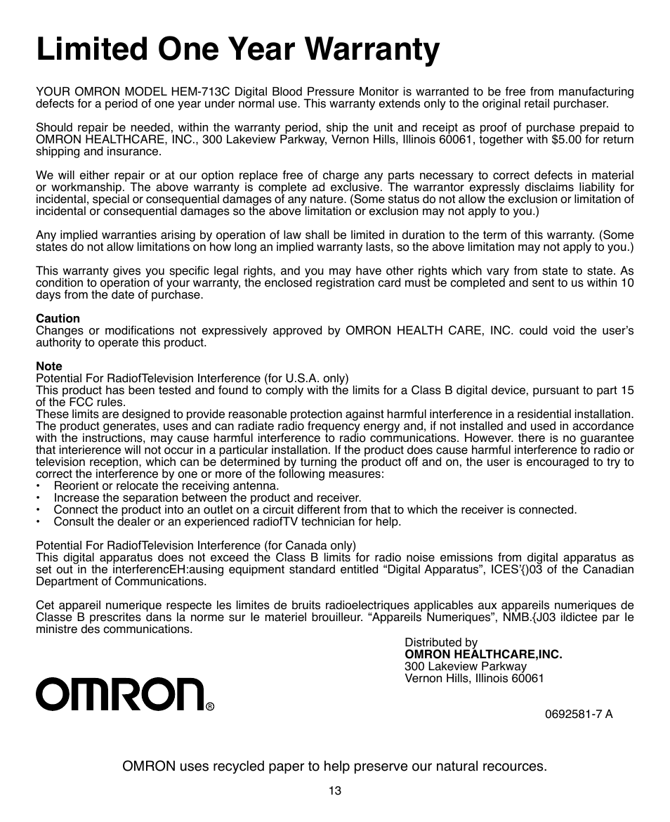 Limited one year warranty | Omron Healthcare AUTOMATIC DIGITAL BLOOD PRESSURE MONITOR HEM-703CP User Manual | Page 14 / 14