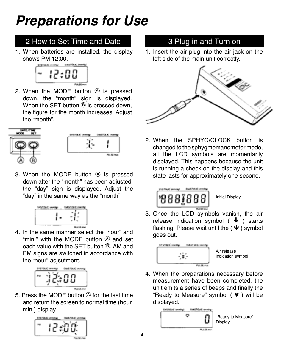 Preparations for use, 2 how to set time and date 3 plug in and turn on | Omron Healthcare AUTOMATIC DIGITAL BLOOD PRESSURE MONITOR HEM-703CP User Manual | Page 5 / 14