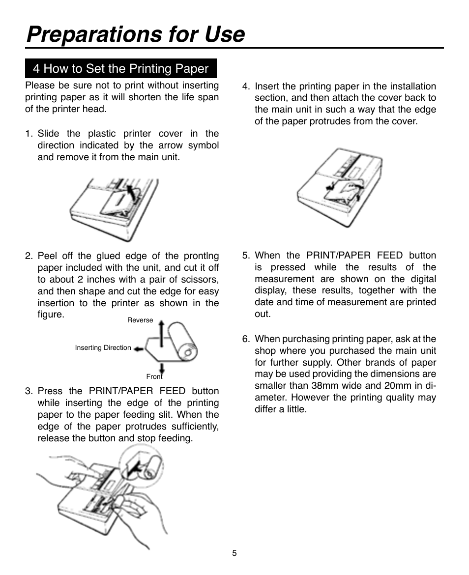 Preparations for use, 4 how to set the printing paper | Omron Healthcare AUTOMATIC DIGITAL BLOOD PRESSURE MONITOR HEM-703CP User Manual | Page 6 / 14
