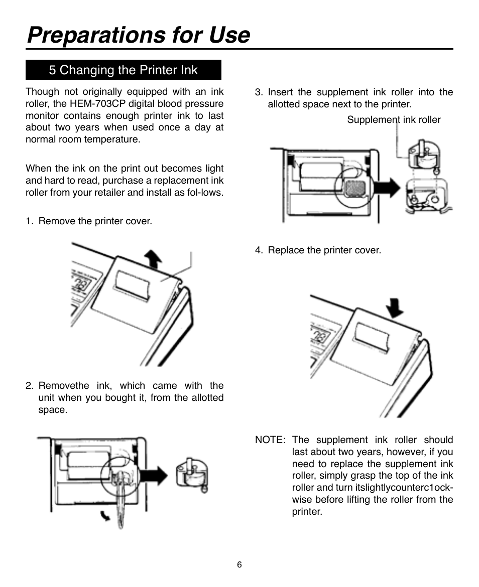 Preparations for use, 5 changing the printer ink | Omron Healthcare AUTOMATIC DIGITAL BLOOD PRESSURE MONITOR HEM-703CP User Manual | Page 7 / 14