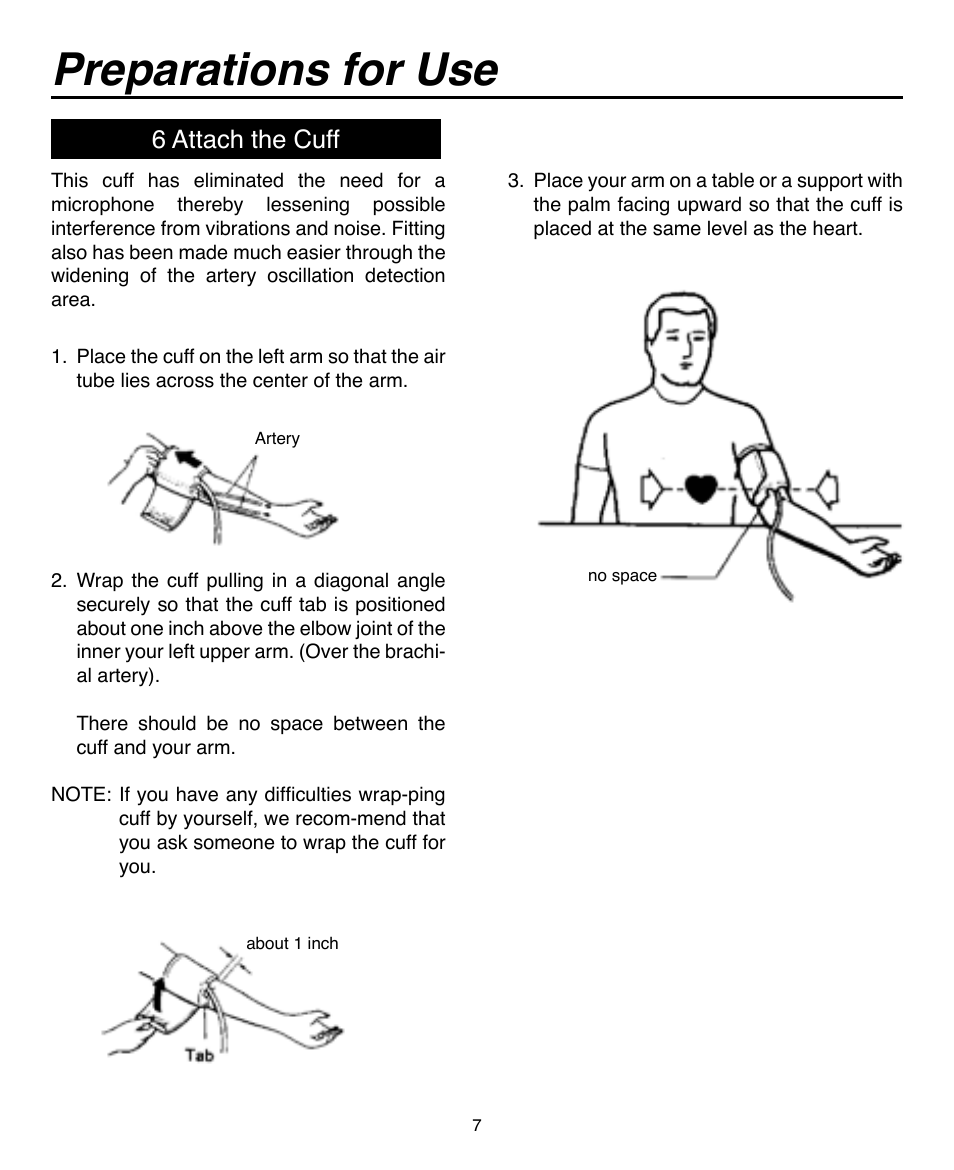 Preparations for use, 6 attach the cuff | Omron Healthcare AUTOMATIC DIGITAL BLOOD PRESSURE MONITOR HEM-703CP User Manual | Page 8 / 14