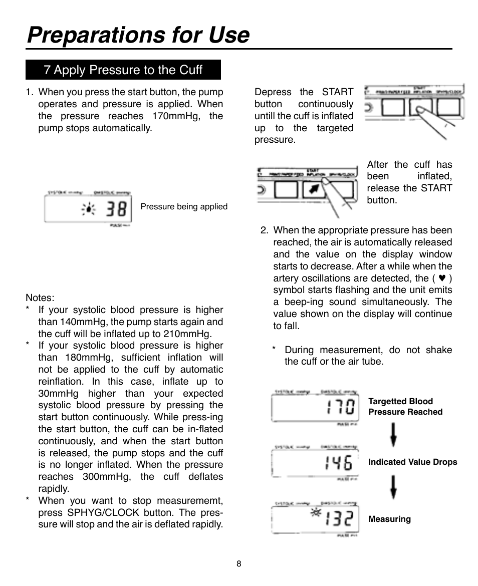 Preparations for use, 7 apply pressure to the cuff | Omron Healthcare AUTOMATIC DIGITAL BLOOD PRESSURE MONITOR HEM-703CP User Manual | Page 9 / 14