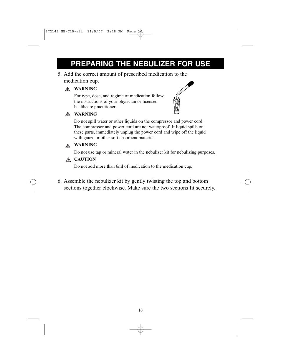 Preparing the nebulizer for use | Omron Healthcare COMPAIV XLT NE-C25 User Manual | Page 10 / 112