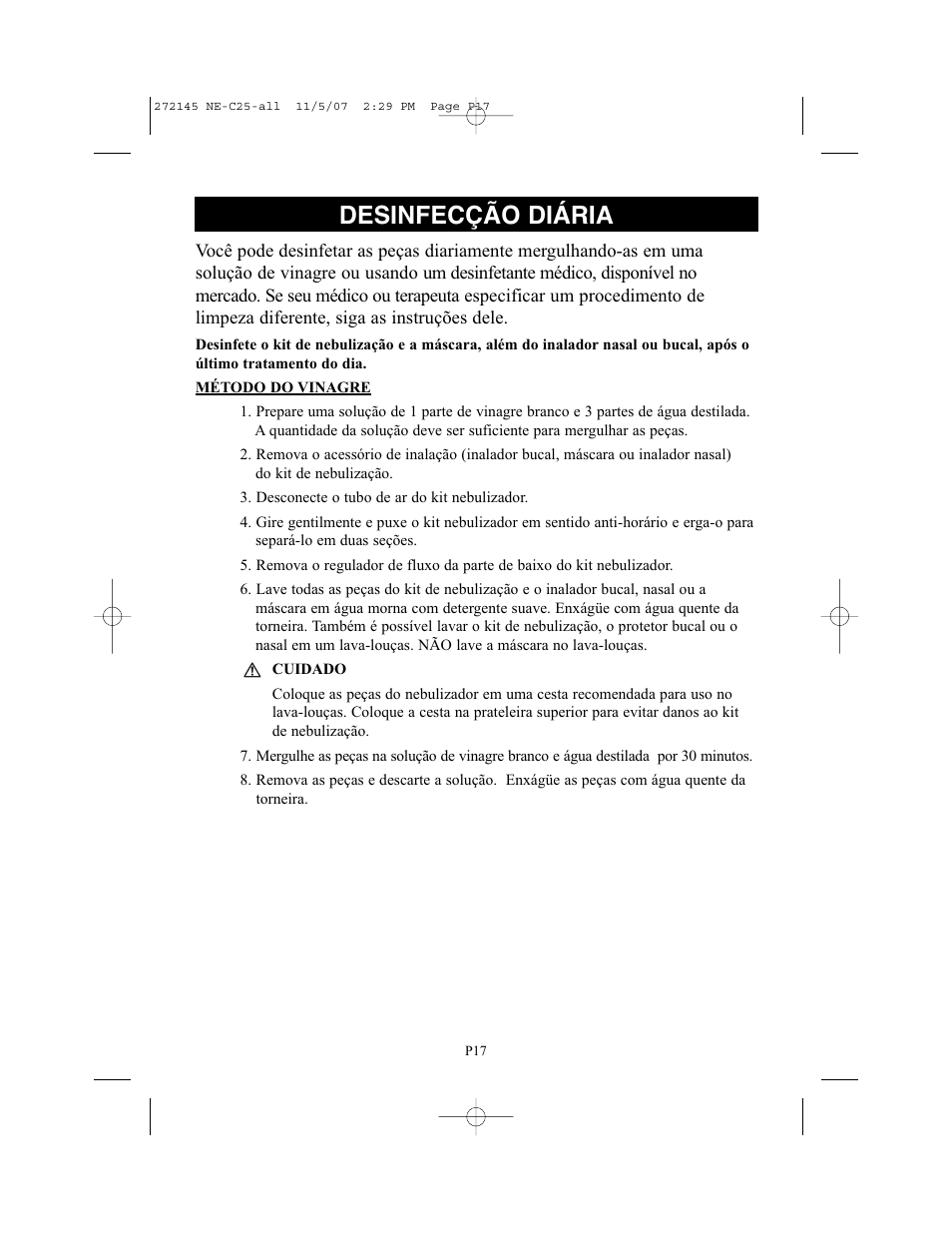 Desinfecção diária | Omron Healthcare COMPAIV XLT NE-C25 User Manual | Page 101 / 112