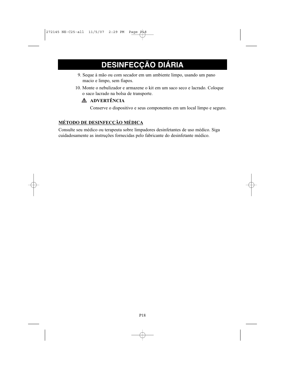 Desinfecção diária | Omron Healthcare COMPAIV XLT NE-C25 User Manual | Page 102 / 112