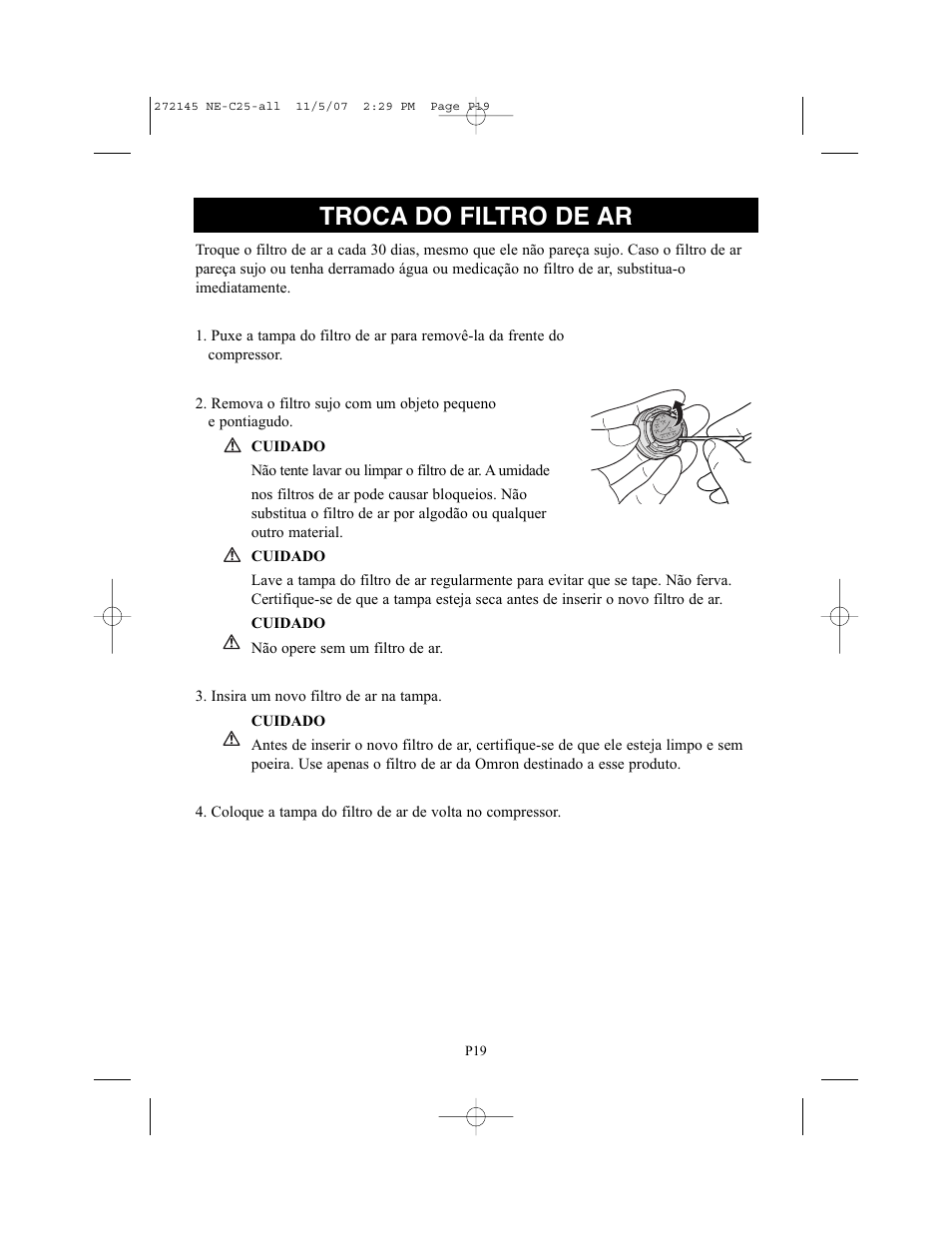 Troca do filtro de ar | Omron Healthcare COMPAIV XLT NE-C25 User Manual | Page 103 / 112