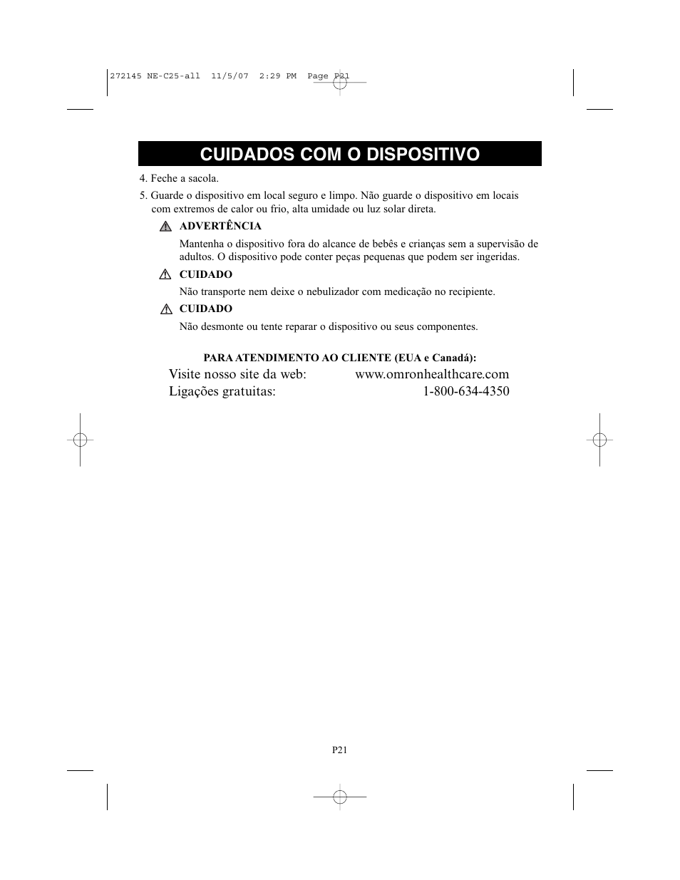 Cuidados com o dispositivo | Omron Healthcare COMPAIV XLT NE-C25 User Manual | Page 105 / 112