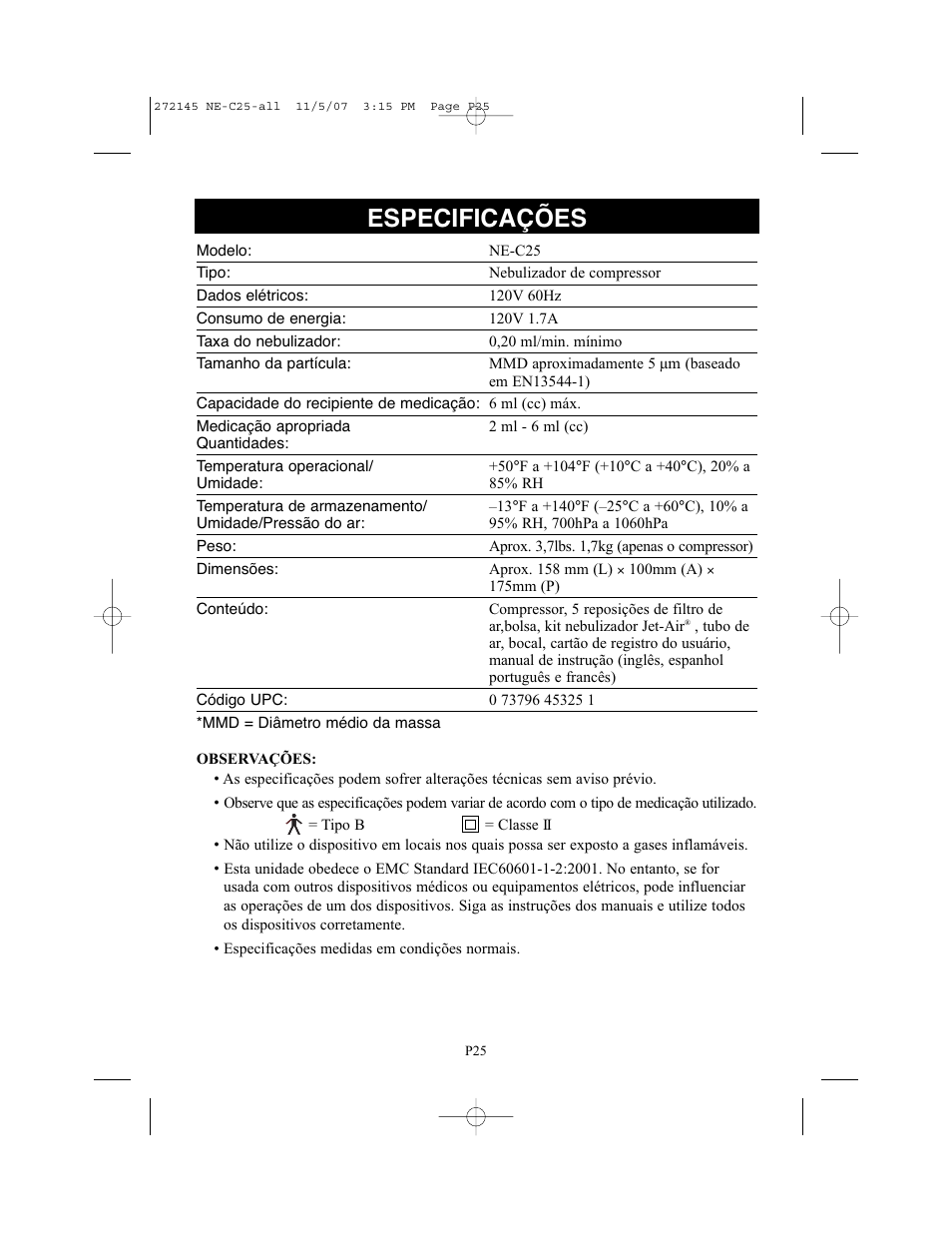 Especificações | Omron Healthcare COMPAIV XLT NE-C25 User Manual | Page 109 / 112