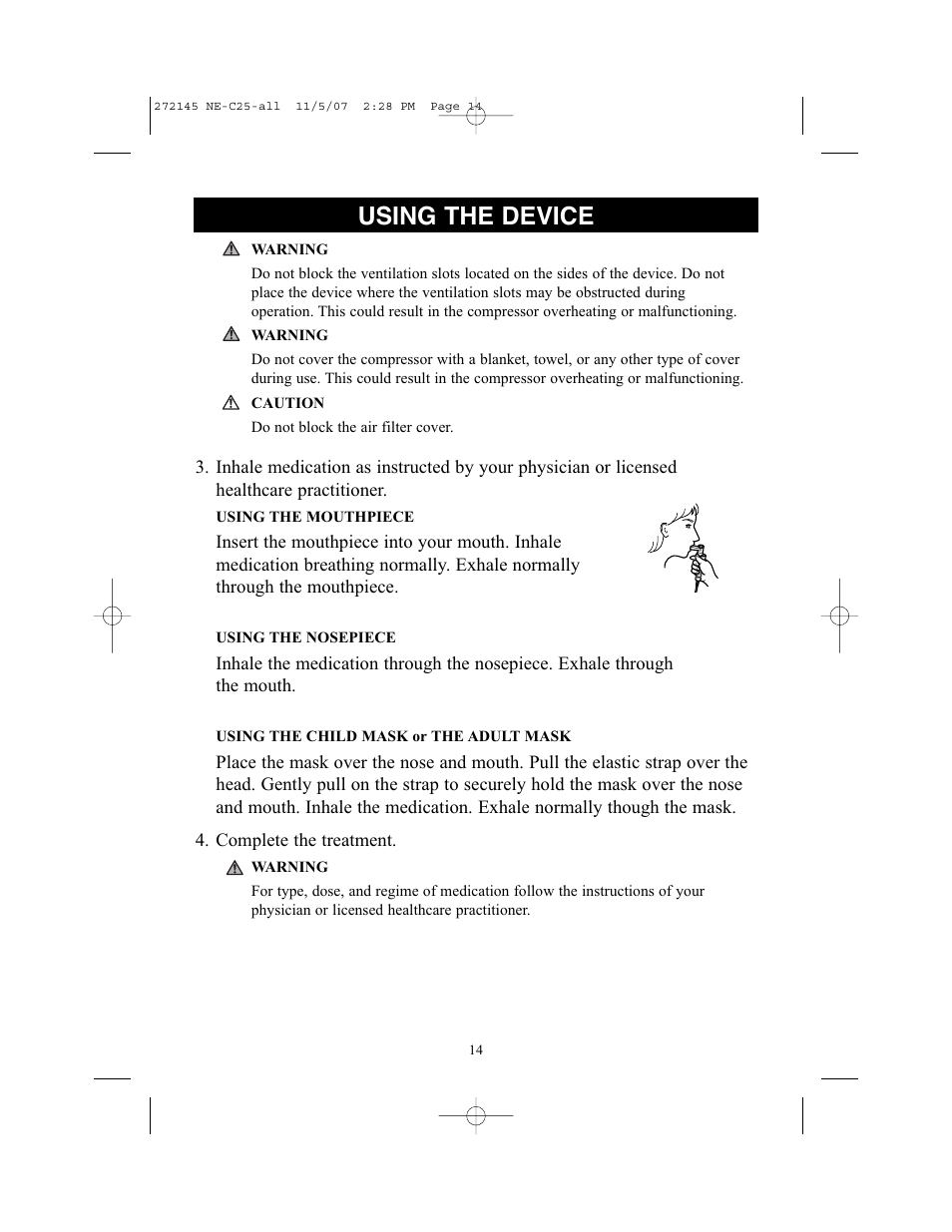 Using the device | Omron Healthcare COMPAIV XLT NE-C25 User Manual | Page 14 / 112