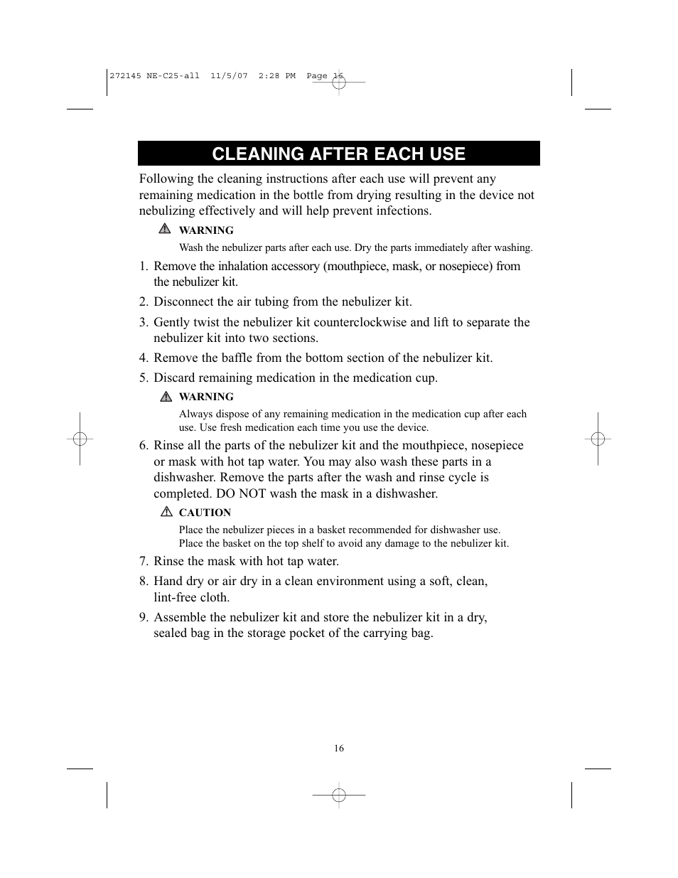 Cleaning after each use | Omron Healthcare COMPAIV XLT NE-C25 User Manual | Page 16 / 112