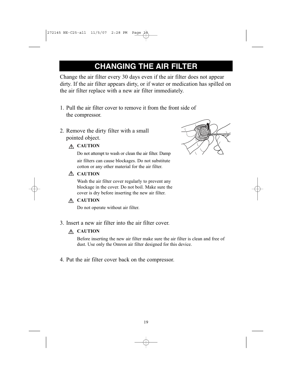 Changing the air filter | Omron Healthcare COMPAIV XLT NE-C25 User Manual | Page 19 / 112