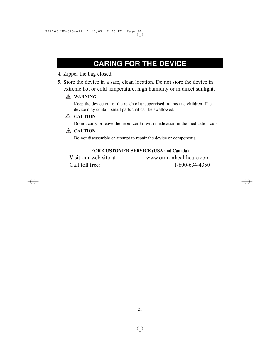 Caring for the device | Omron Healthcare COMPAIV XLT NE-C25 User Manual | Page 21 / 112