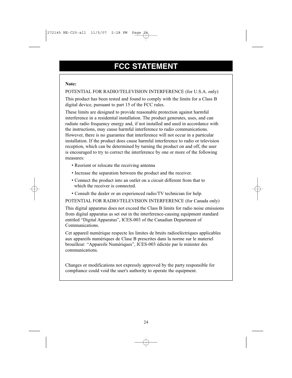 Fcc statement | Omron Healthcare COMPAIV XLT NE-C25 User Manual | Page 24 / 112