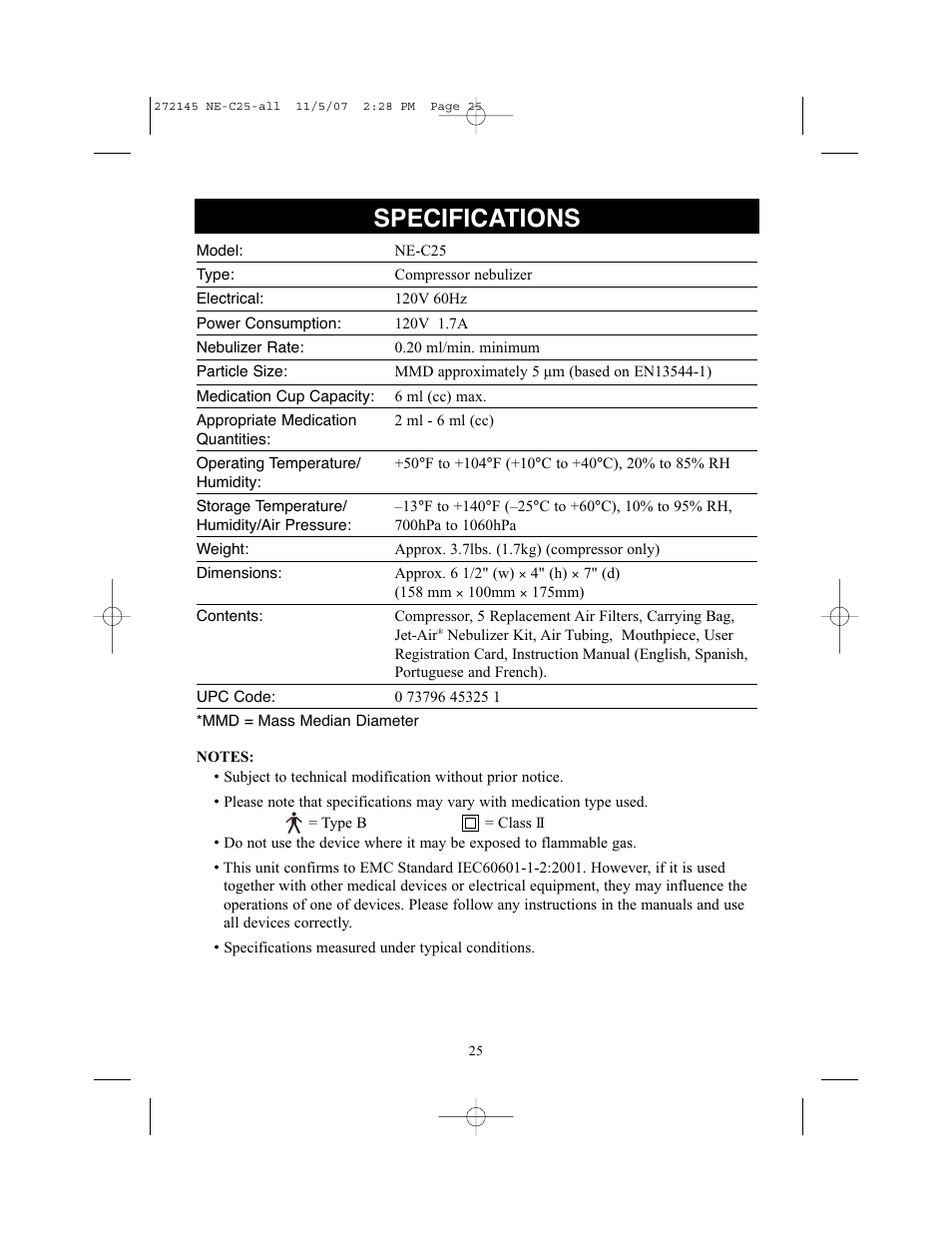 Specifications | Omron Healthcare COMPAIV XLT NE-C25 User Manual | Page 25 / 112