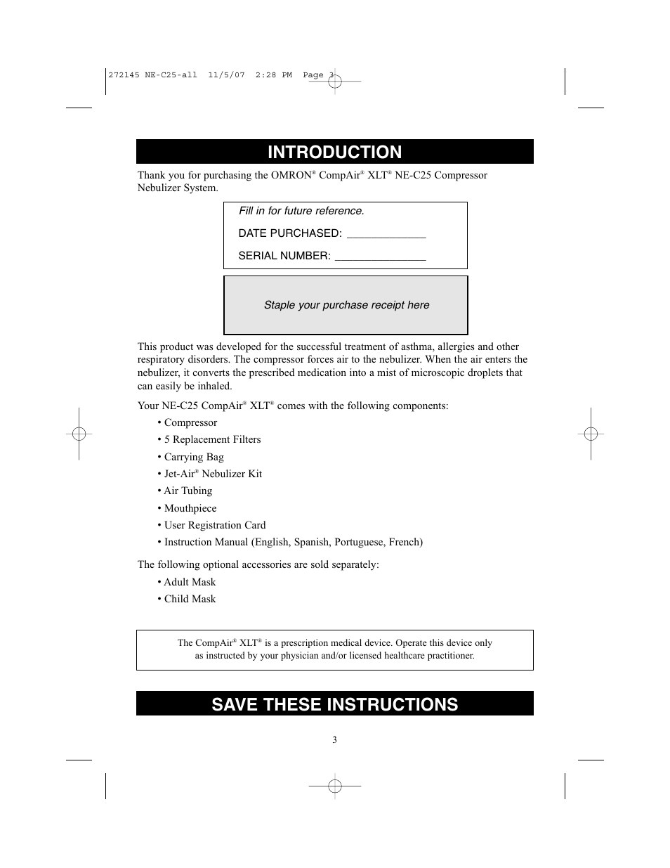 Introduction, Save these instructions | Omron Healthcare COMPAIV XLT NE-C25 User Manual | Page 3 / 112