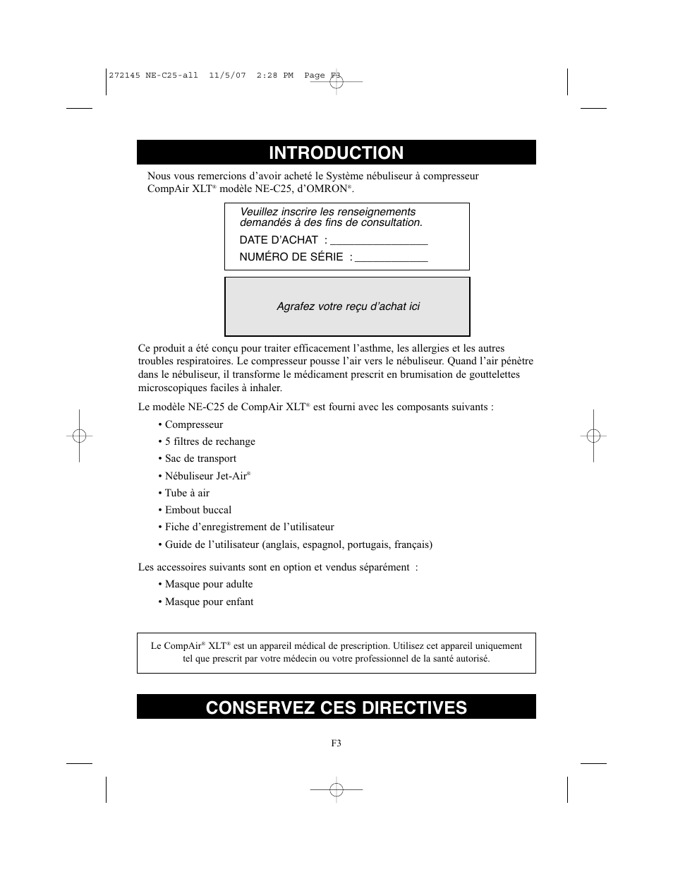 Introduction, Conservez ces directives | Omron Healthcare COMPAIV XLT NE-C25 User Manual | Page 31 / 112