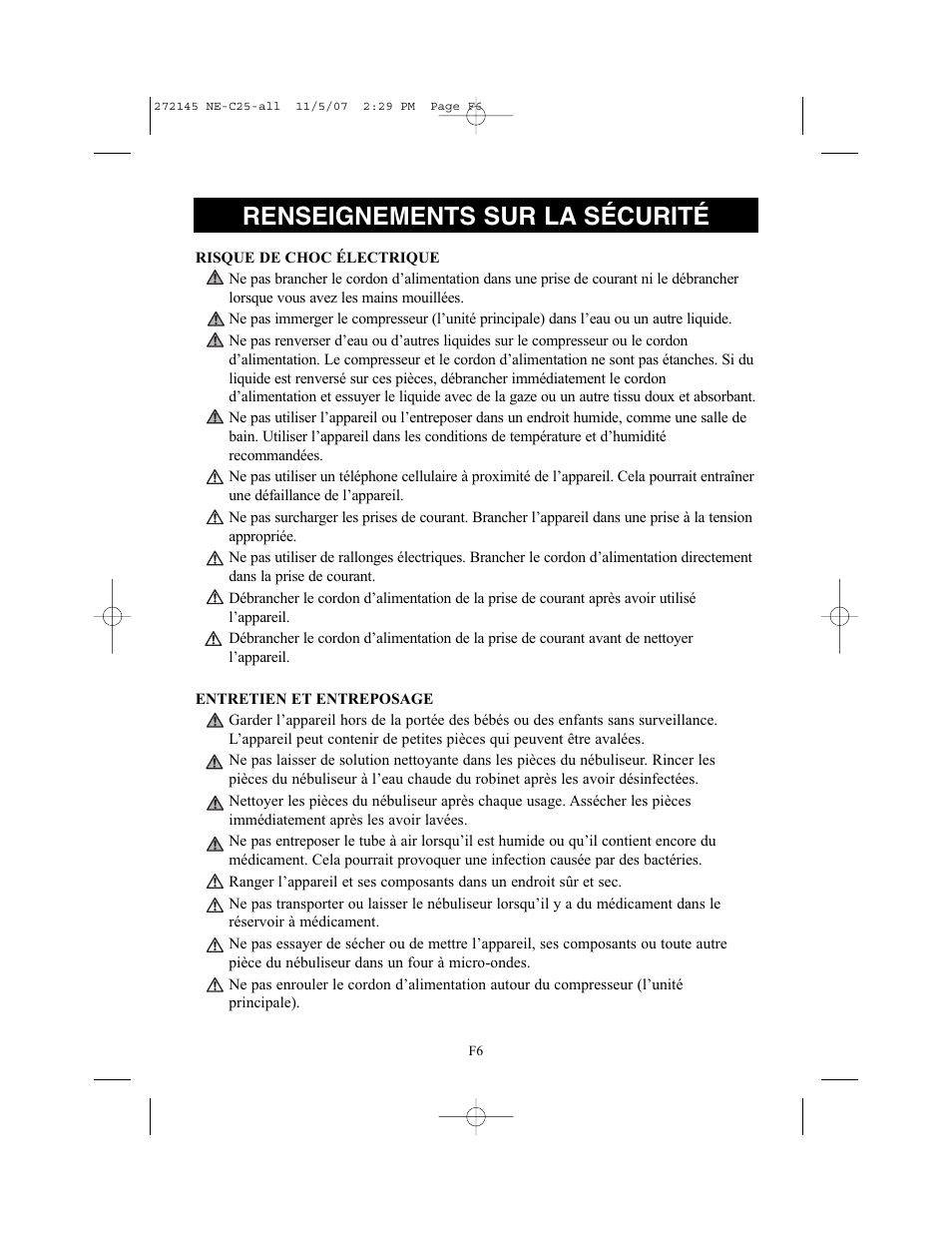 Renseignements sur la sécurité | Omron Healthcare COMPAIV XLT NE-C25 User Manual | Page 34 / 112