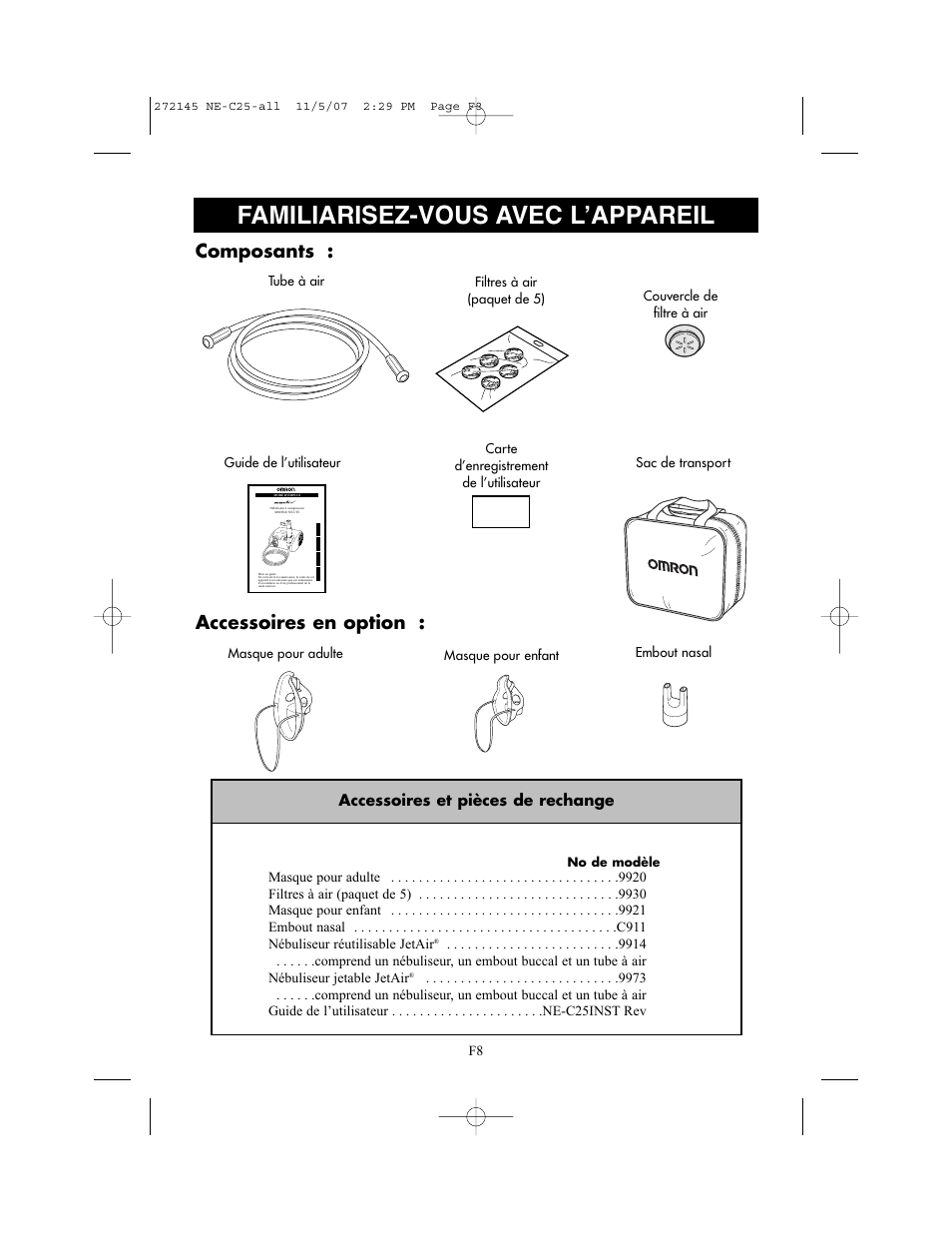 Familiarisez-vous avec l’appareil, Composants : accessoires en option | Omron Healthcare COMPAIV XLT NE-C25 User Manual | Page 36 / 112