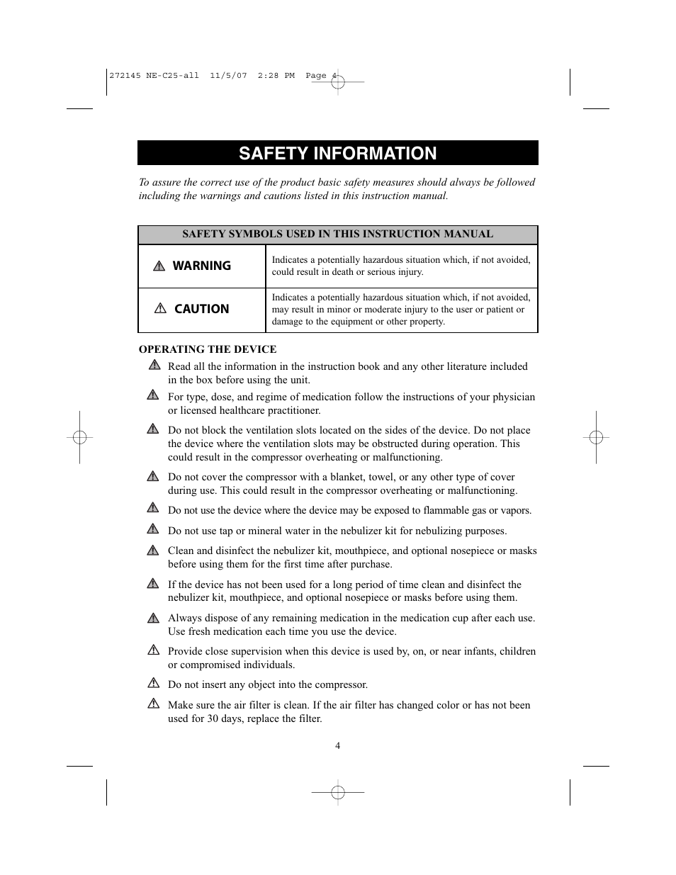 Safety information | Omron Healthcare COMPAIV XLT NE-C25 User Manual | Page 4 / 112