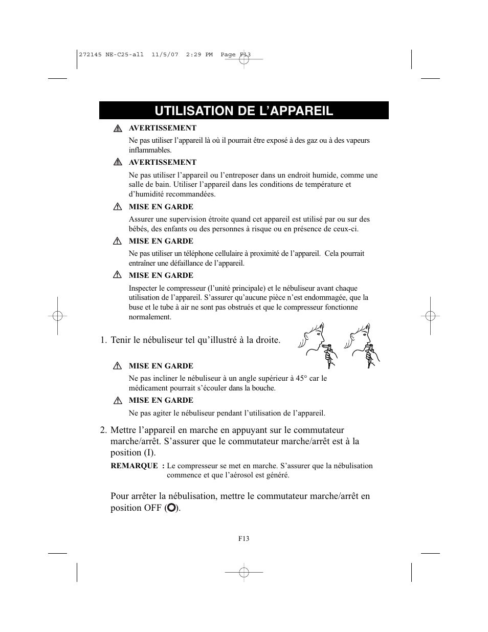 Utilisation de l’appareil | Omron Healthcare COMPAIV XLT NE-C25 User Manual | Page 41 / 112