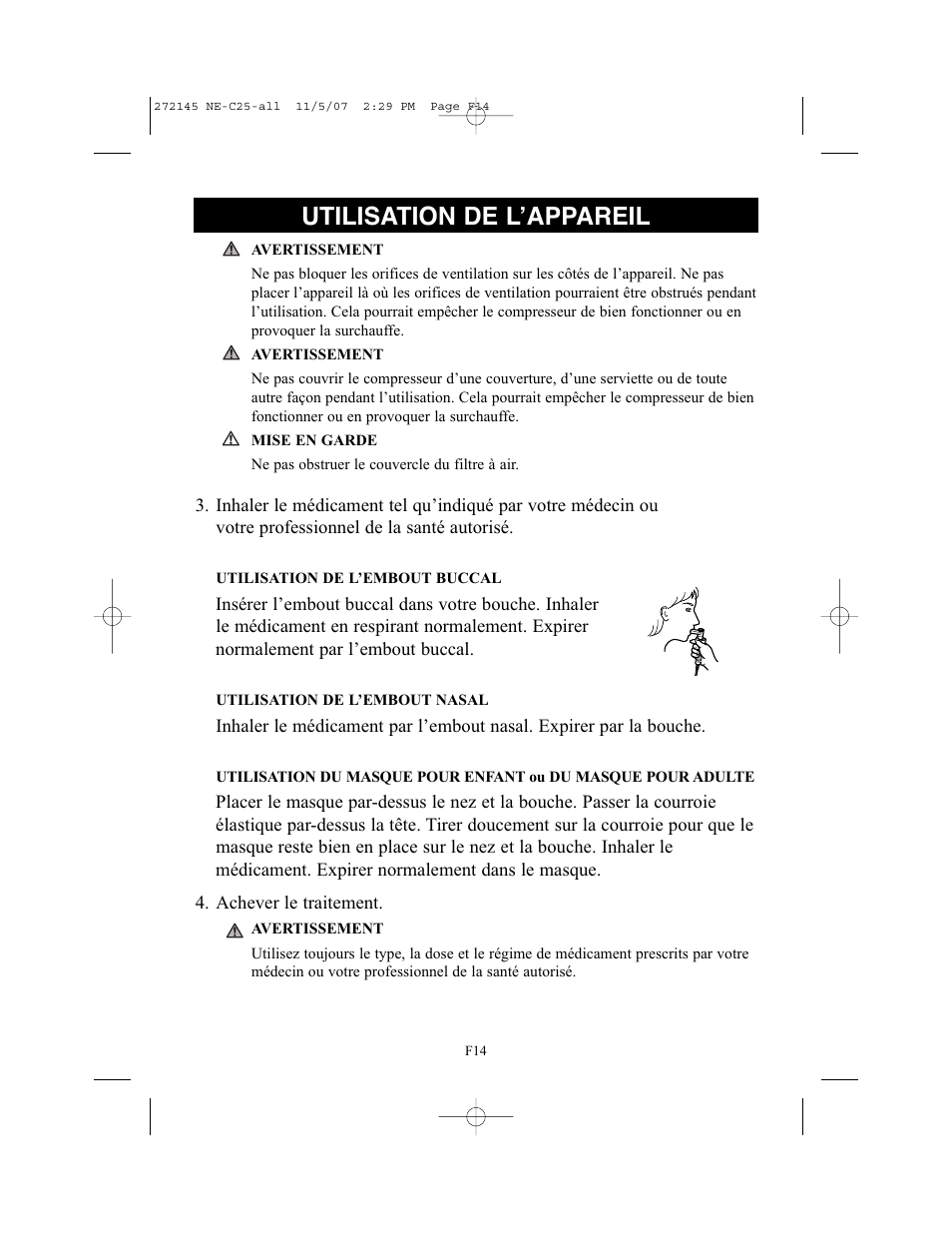 Utilisation de l’appareil | Omron Healthcare COMPAIV XLT NE-C25 User Manual | Page 42 / 112