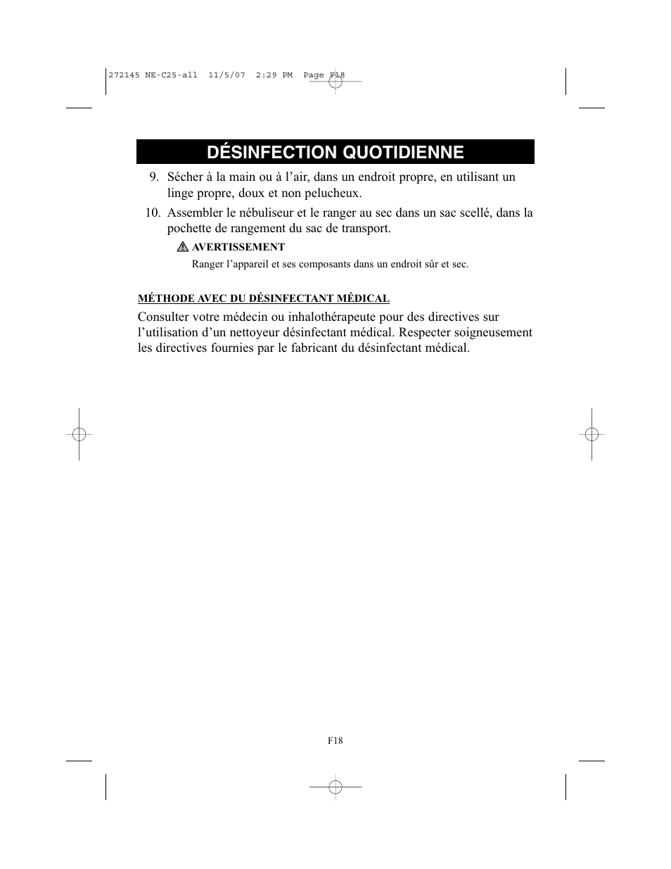 Désinfection quotidienne | Omron Healthcare COMPAIV XLT NE-C25 User Manual | Page 46 / 112