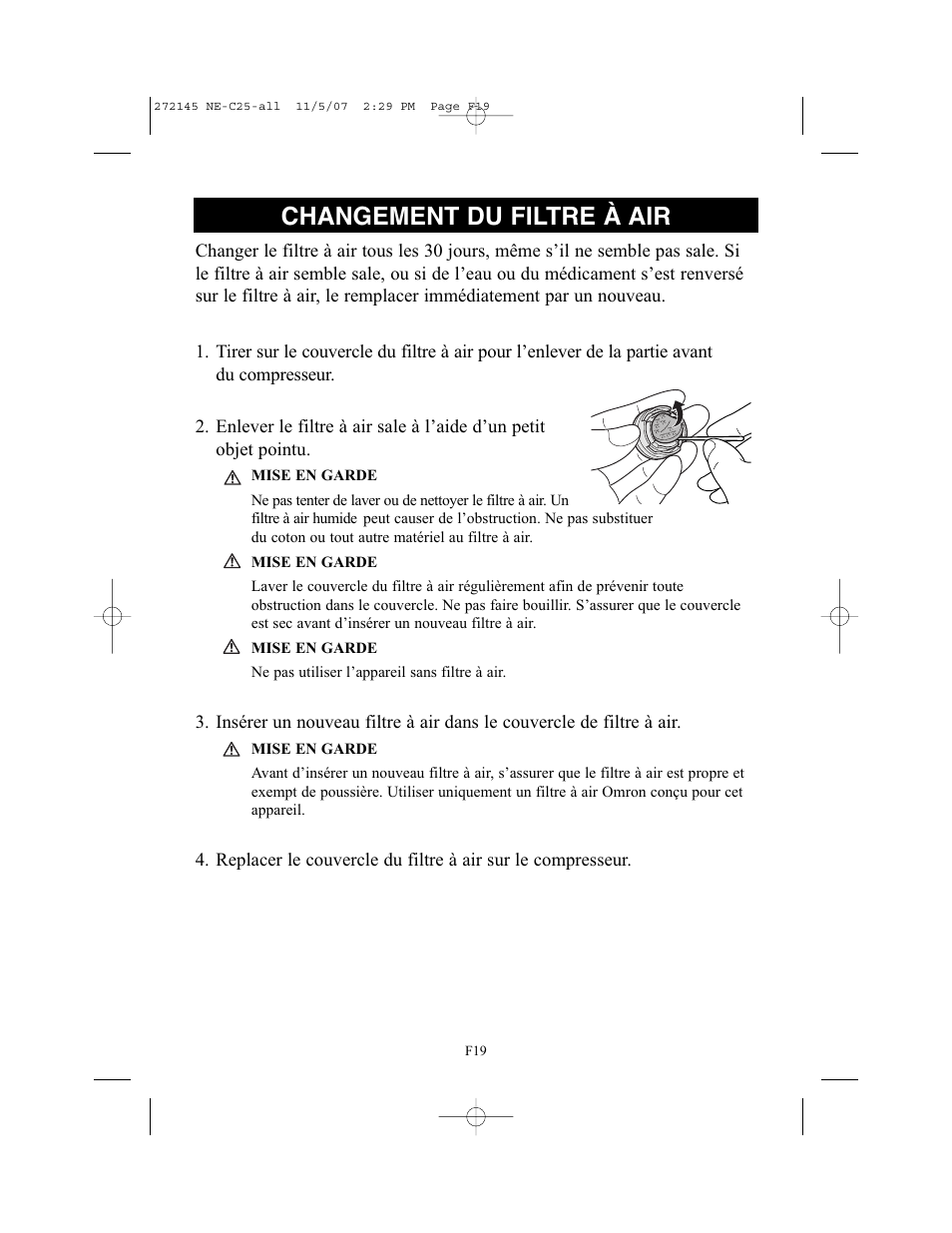 Changement du filtre à air | Omron Healthcare COMPAIV XLT NE-C25 User Manual | Page 47 / 112