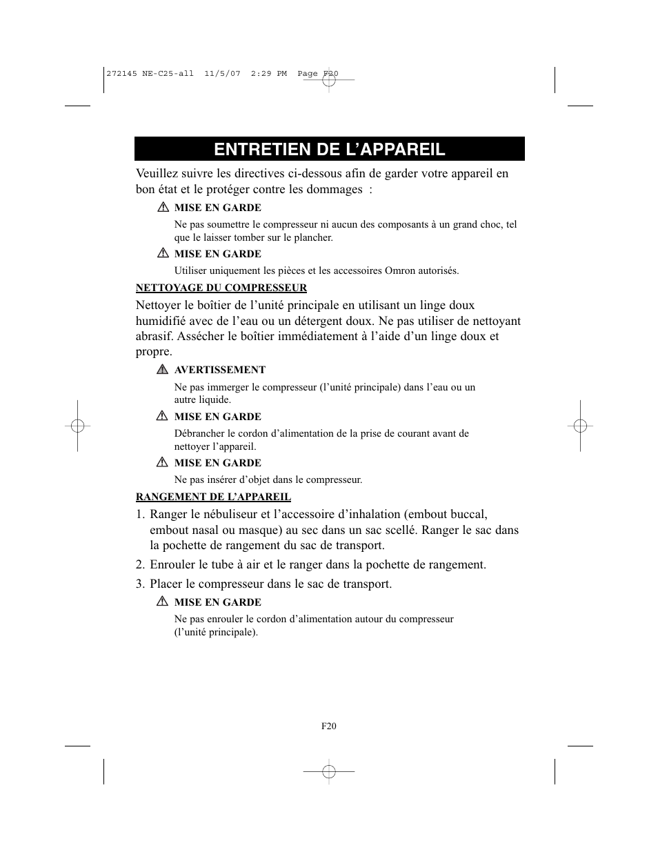 Entretien de l’appareil | Omron Healthcare COMPAIV XLT NE-C25 User Manual | Page 48 / 112