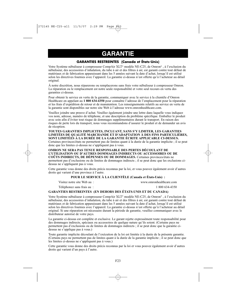 Garantie | Omron Healthcare COMPAIV XLT NE-C25 User Manual | Page 51 / 112