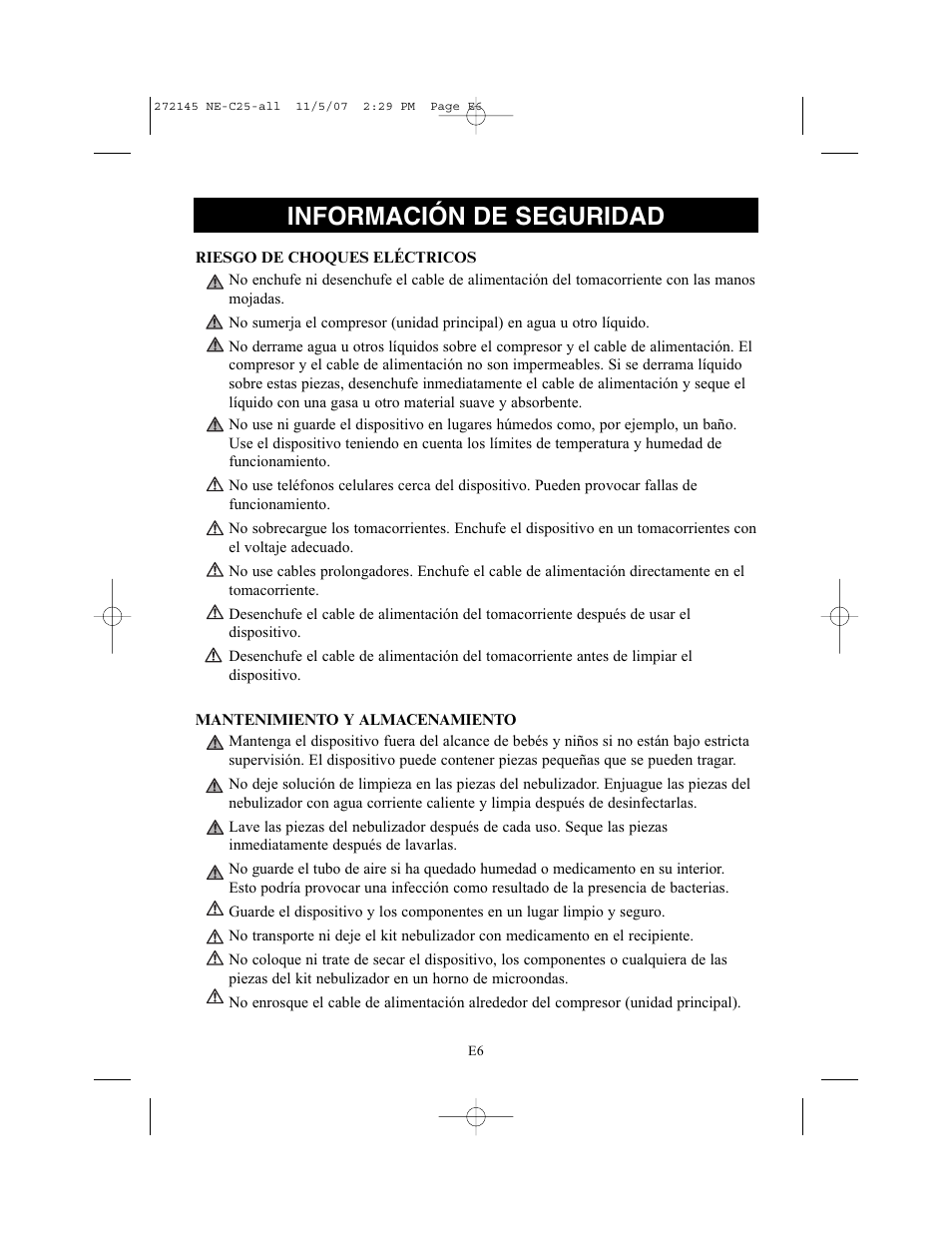 Información de seguridad | Omron Healthcare COMPAIV XLT NE-C25 User Manual | Page 62 / 112