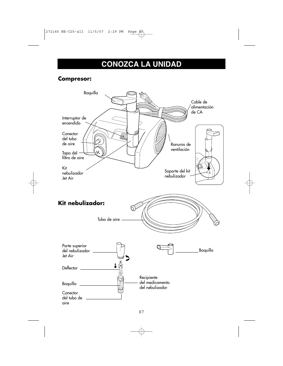 Conozca la unidad, Compresor, Kit nebulizador | Omron Healthcare COMPAIV XLT NE-C25 User Manual | Page 63 / 112