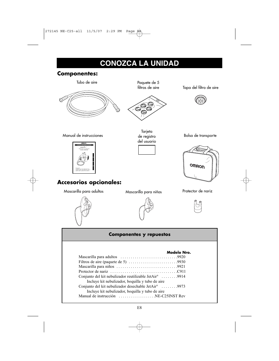 Conozca la unidad, Componentes: accesorios opcionales | Omron Healthcare COMPAIV XLT NE-C25 User Manual | Page 64 / 112