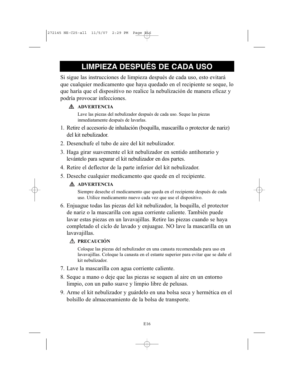 Limpieza después de cada uso | Omron Healthcare COMPAIV XLT NE-C25 User Manual | Page 72 / 112