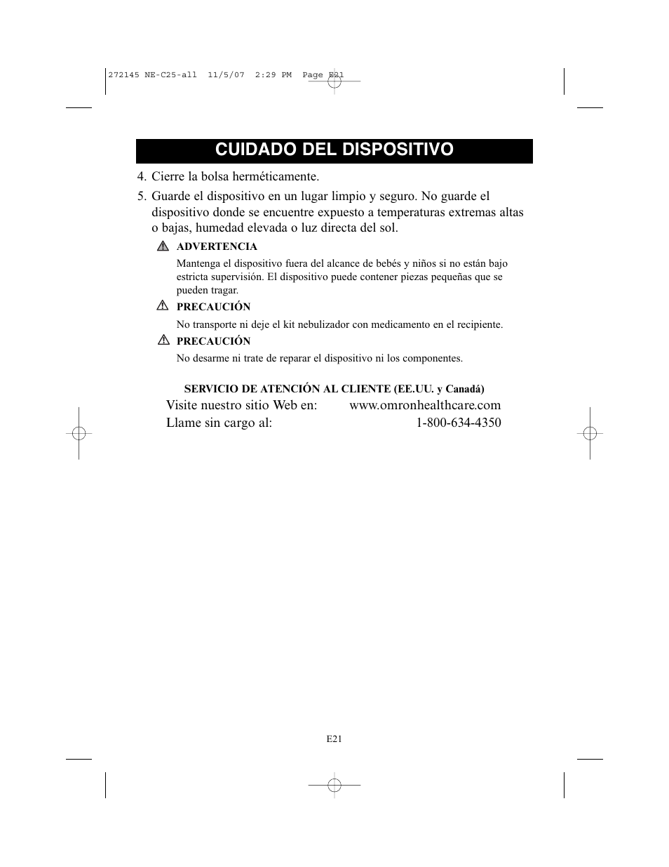 Cuidado del dispositivo | Omron Healthcare COMPAIV XLT NE-C25 User Manual | Page 77 / 112