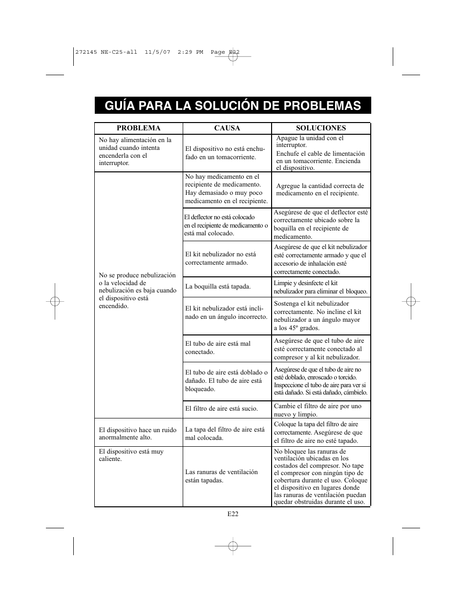 Guía para la solución de problemas | Omron Healthcare COMPAIV XLT NE-C25 User Manual | Page 78 / 112