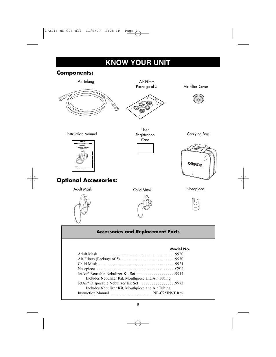 Know your unit, Components: optional accessories, Accessories and replacement parts | Child mask | Omron Healthcare COMPAIV XLT NE-C25 User Manual | Page 8 / 112