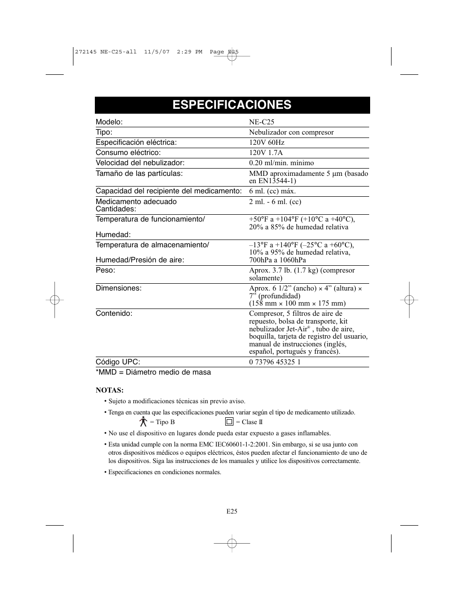 Especificaciones | Omron Healthcare COMPAIV XLT NE-C25 User Manual | Page 81 / 112