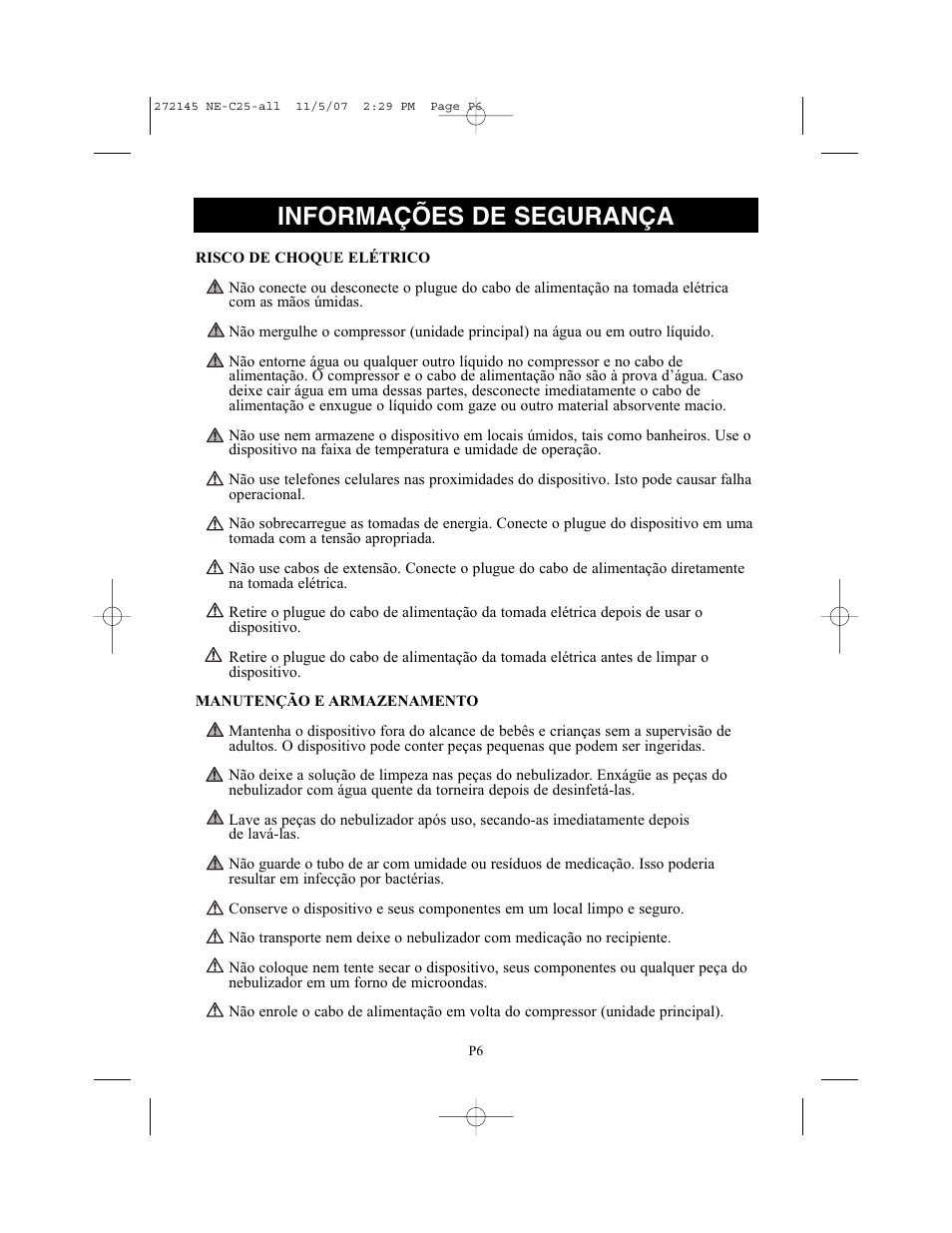 Informações de segurança | Omron Healthcare COMPAIV XLT NE-C25 User Manual | Page 90 / 112