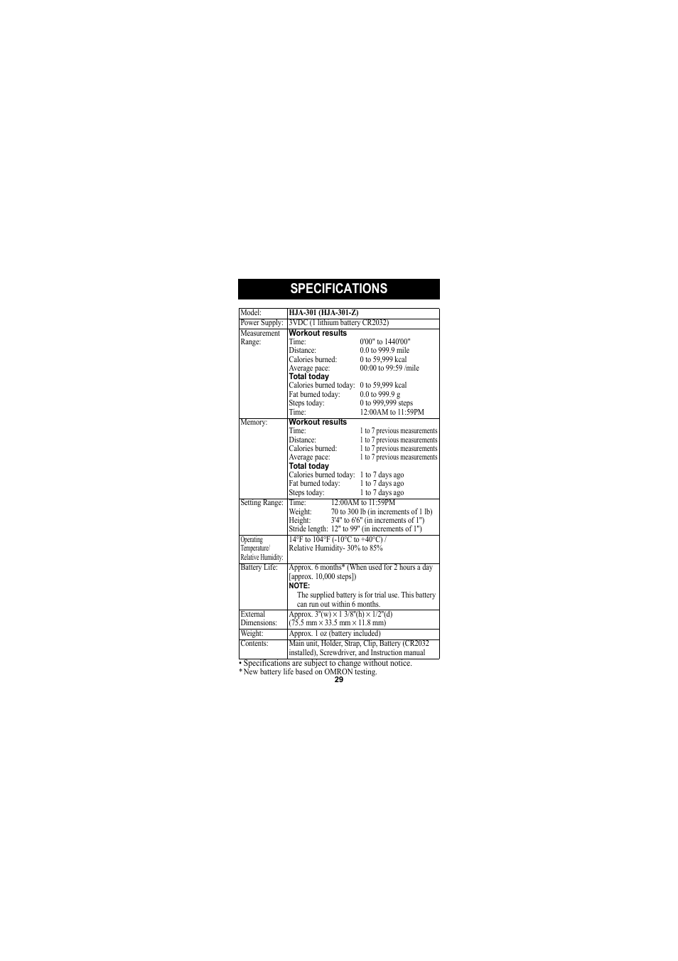 Specifications | Omron Healthcare GOSMART HJA-301 User Manual | Page 29 / 32