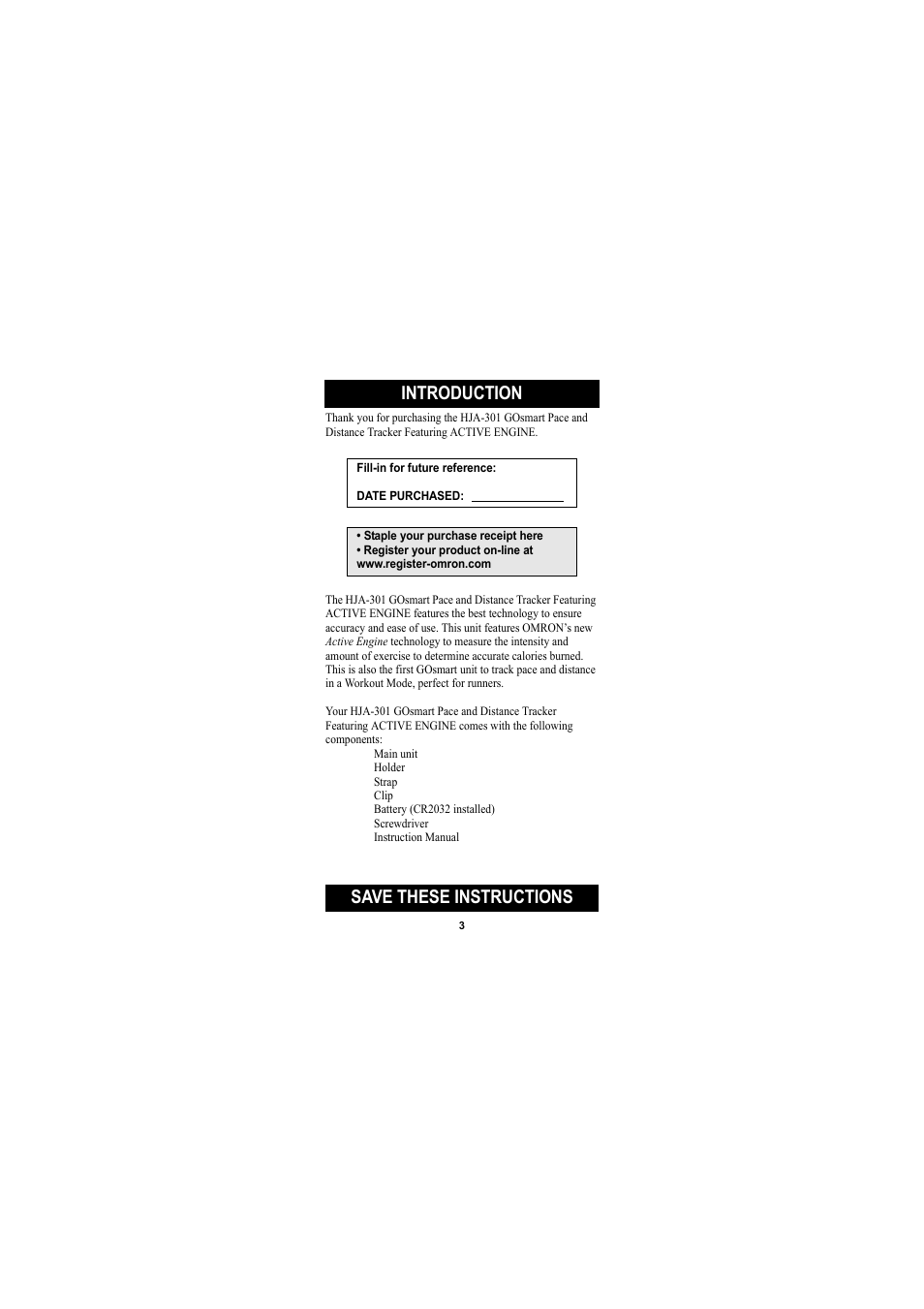 Introduction, Save these instructions | Omron Healthcare GOSMART HJA-301 User Manual | Page 3 / 32