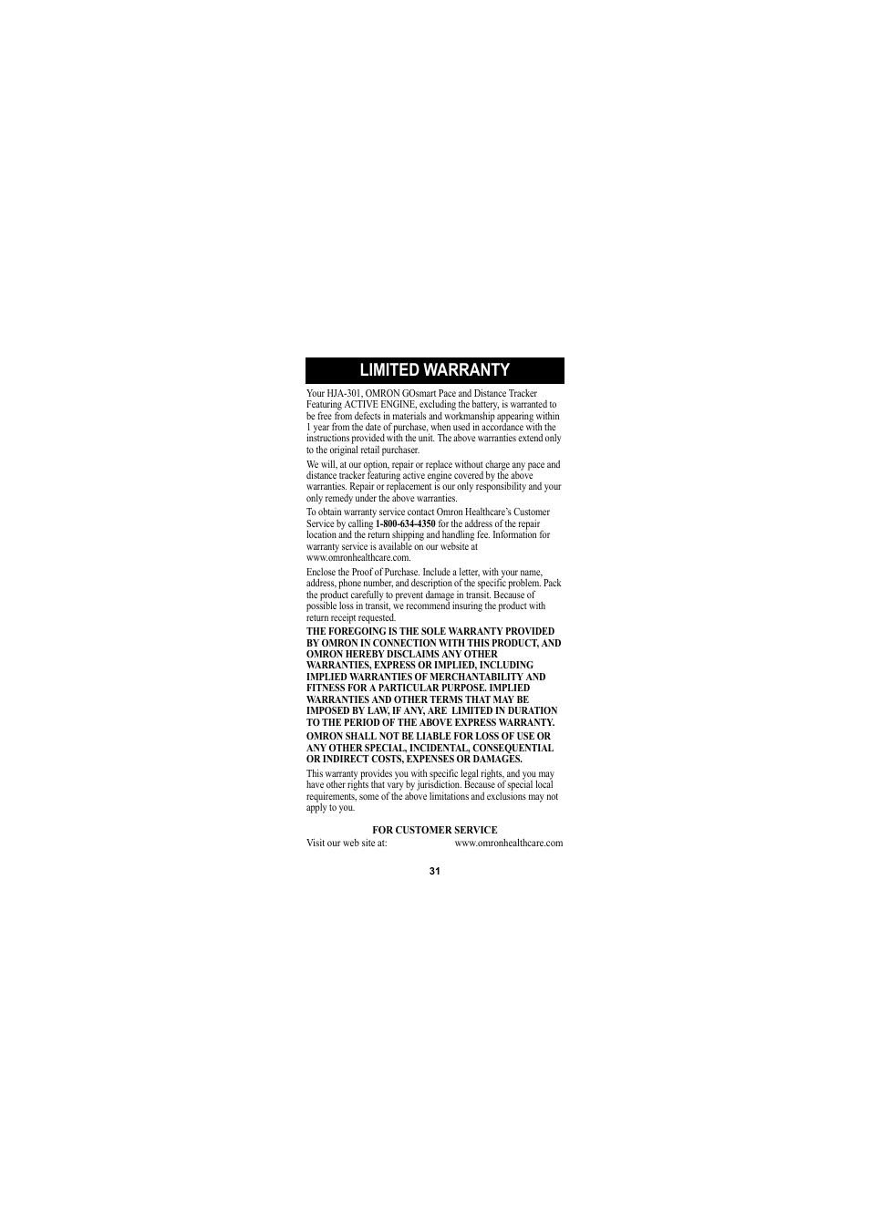 Limited warranty | Omron Healthcare GOSMART HJA-301 User Manual | Page 31 / 32