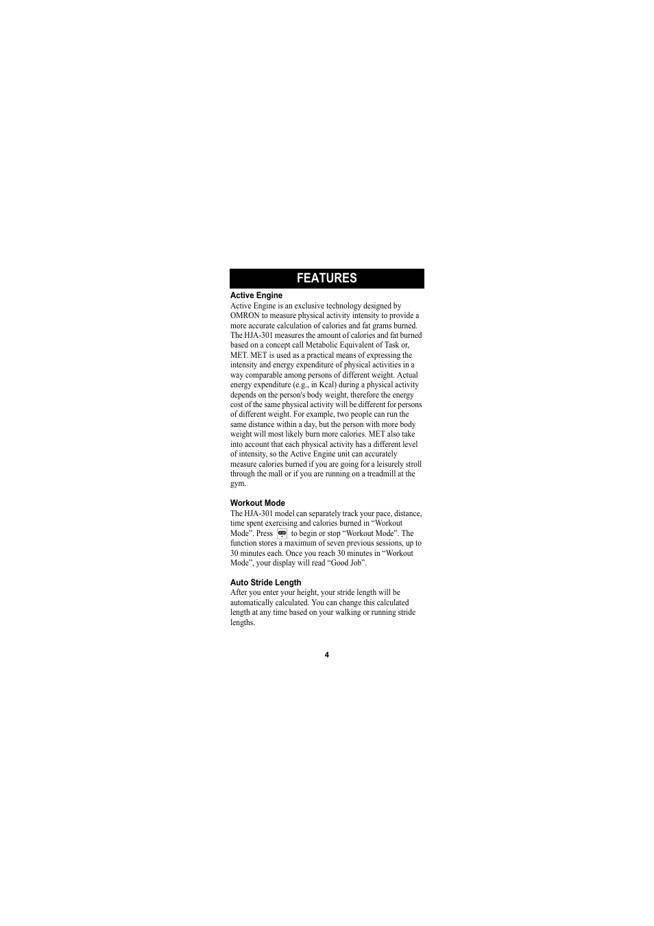 Features | Omron Healthcare GOSMART HJA-301 User Manual | Page 4 / 32